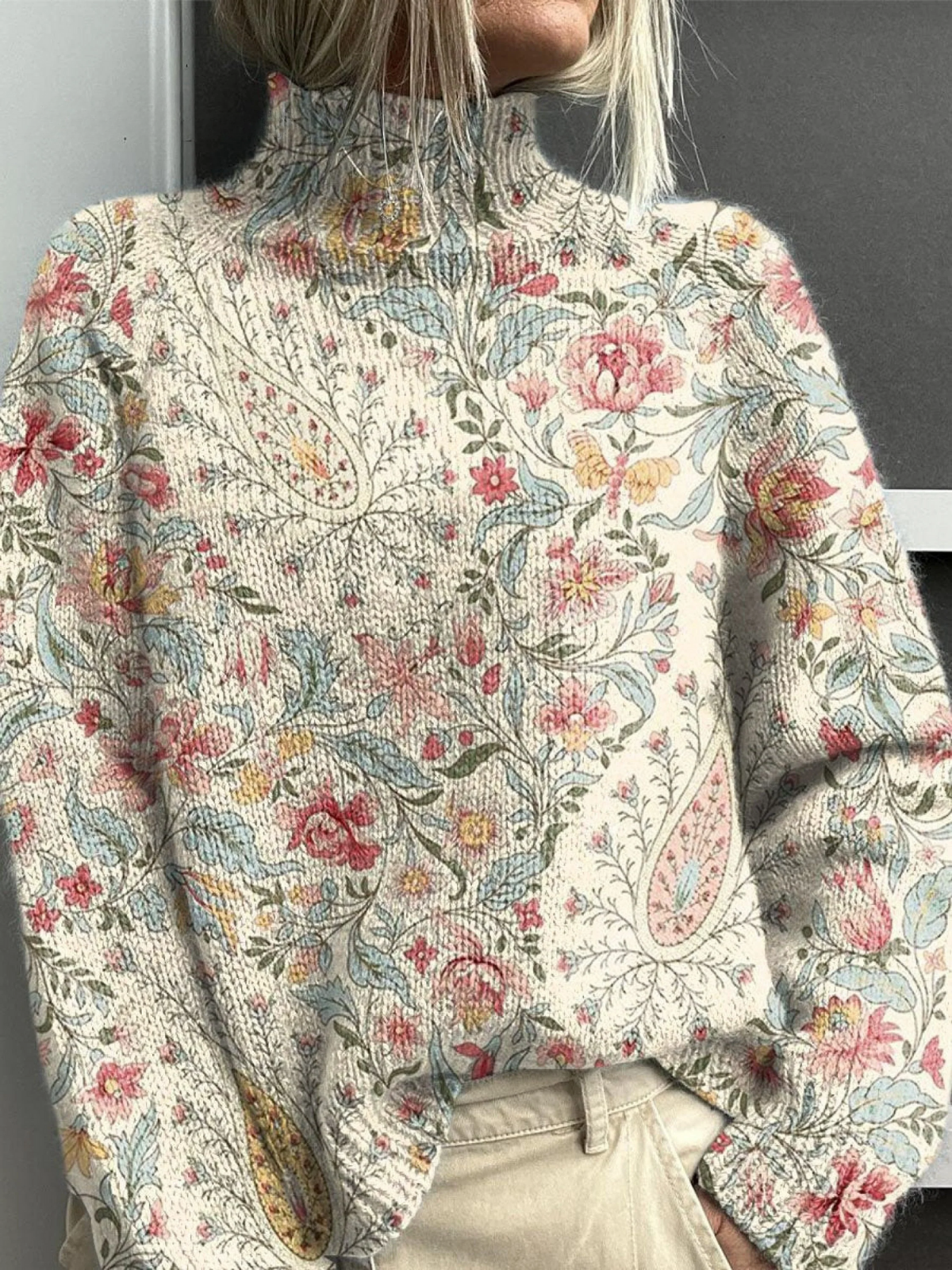 Ornella – Maglione dolcevita in maglia con stampa floreale paisley vintage