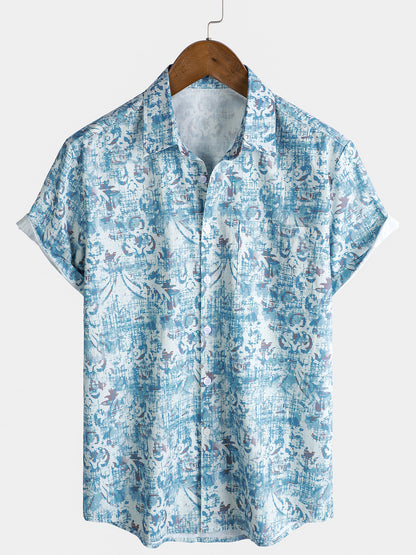 Herren Kurzarmhemd aus Baumwolle mit Blumendruck Blau