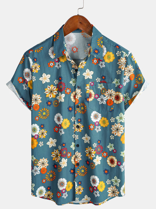 Herren Baumwolle Hawaii-Kurzarmhemd mit Blumenmuster