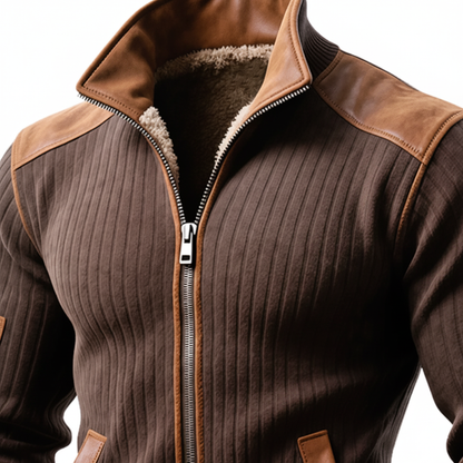 Nathaniel - Giacca marrone a coste con cerniera e dettagli in pelle