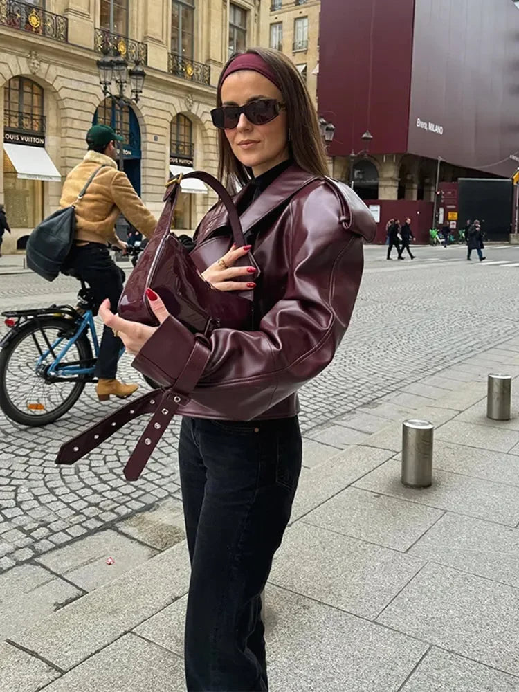Léa – Giacca in similpelle bordeaux (vestibilità regolare)