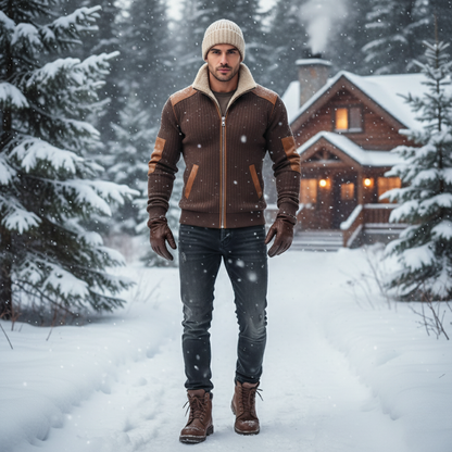 Nathaniel - Giacca marrone a coste con cerniera e dettagli in pelle