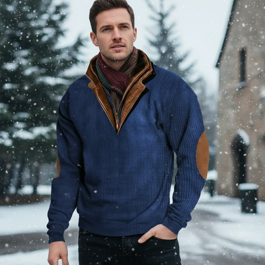 Khaleel - Felpa polo invernale da uomo con colletto in pelle